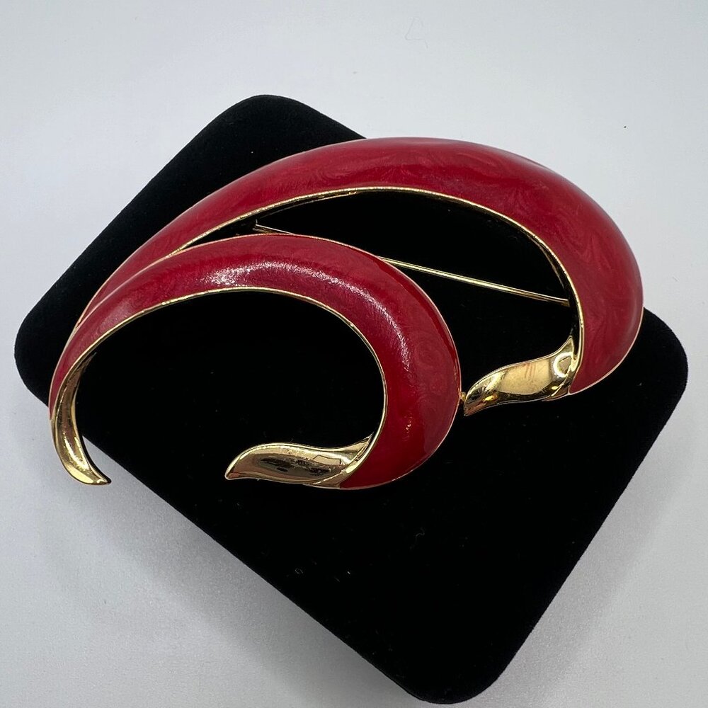 Trifari Red Double Curved Leaf Brooch